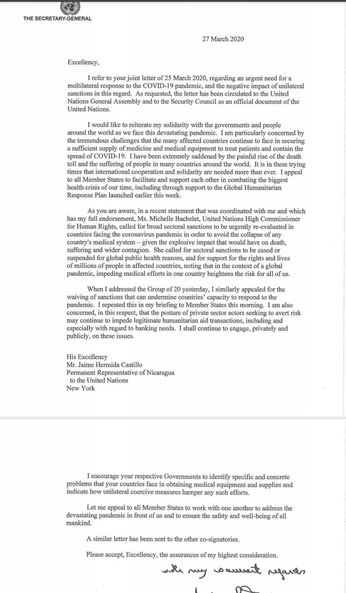 Hossein Gharibi United Nations Secretary General Antonioguterres Responds To The Joint Letter Sent To Him By Eight Un Member States Voicing His Support For Termination Of Sanctions Coronavirus Iran Is Alone T Co 8u9w2ro6at