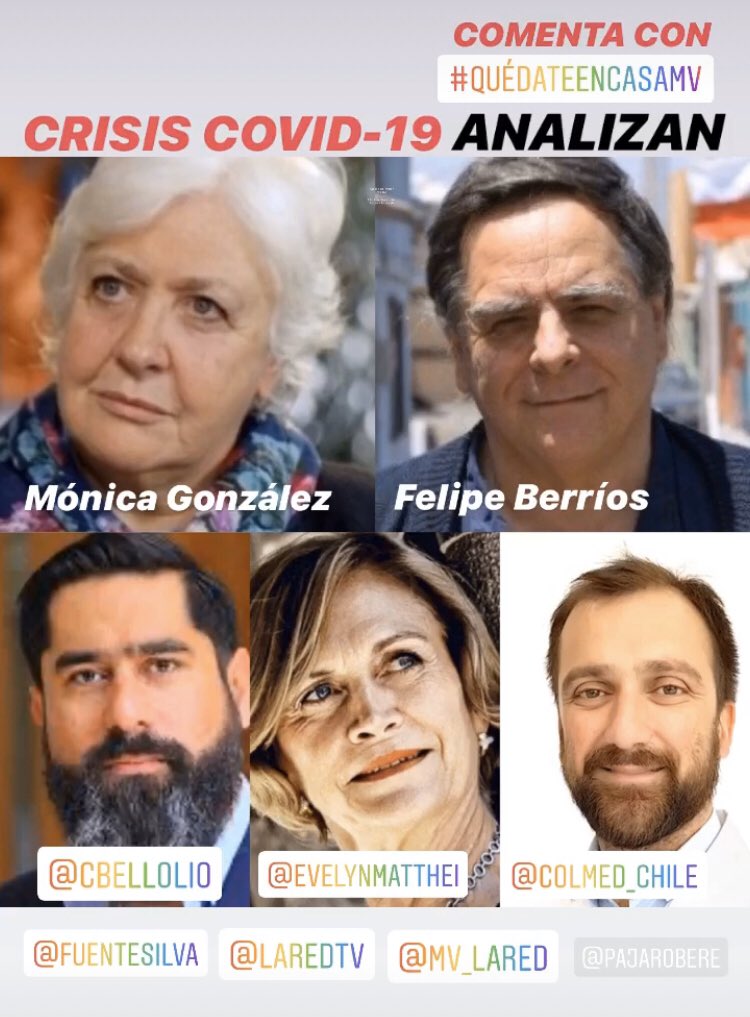 Lara El-Narekh (@laraelnarekh) on Twitter photo Esta noche a las 22.30 hr. por <a href="/LaRedTV/">LaRed</a> en Mentiras Verdaderas ANALIZAN LA CRISIS <a href="/cbellolio/">Cristóbal Bellolio</a> , Mónica González, Felipe Berríos y el secretario general del Colegio Médico, Dr. Bernucci <a href="/Pajarobere/">José Miguel Bernucci</a> Contacto con <a href="/evelynmatthei/">Evelyn Matthei</a> COMENTA CON #QuédateEnCasaMV <a href="/fuentesilva/">Eduardo Fuentes Silva</a> <a href="/mentiraslared/">mentiraslared</a> Esta noche a las 22.30 hr. por <a href="/LaRedTV/">LaRed</a> en Mentiras Verdaderas ANALIZAN LA CRISIS <a href="/cbellolio/">Cristóbal Bellolio</a> , Mónica González, Felipe Berríos y el secretario general del Colegio Médico, Dr. Bernucci <a href="/Pajarobere/">José Miguel Bernucci</a> Contacto con <a href="/evelynmatthei/">Evelyn Matthei</a> COMENTA CON #QuédateEnCasaMV <a href="/fuentesilva/">Eduardo Fuentes Silva</a> <a href="/mentiraslared/">mentiraslared</a>