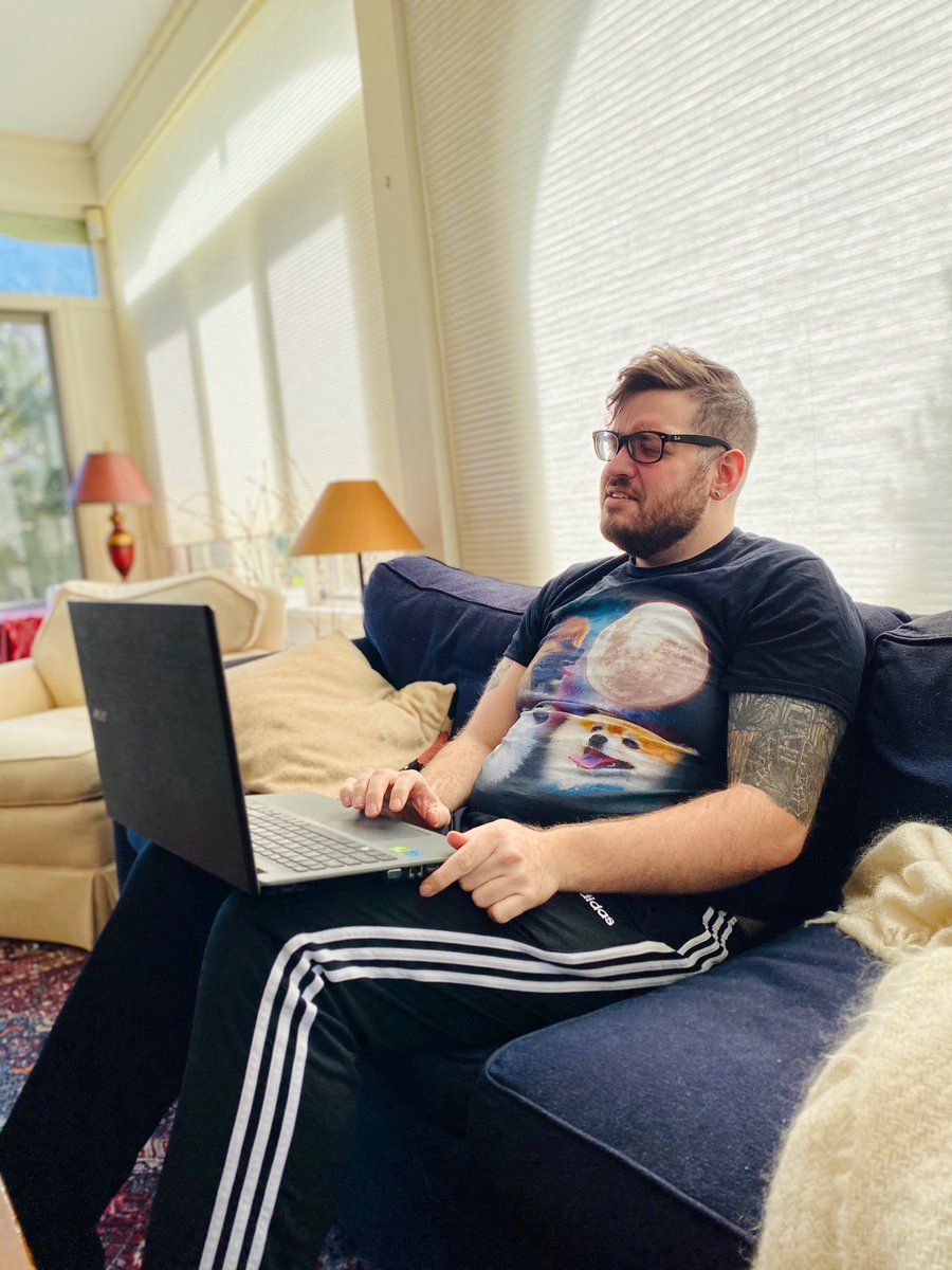 MontclareLabs's tweet photo. A candid shot of @jthoma91  working remotely. Even his favorite Pomeranian shirt can’t make research papers easier to understand. Clearly we're dog people. 

#Flattenthecurve #aaas #scicomm #sciEngage #phd #brooklyn #lablife #365today #project365 #biochemistry #womeninstem https://t.co/XgBwlTxPDd