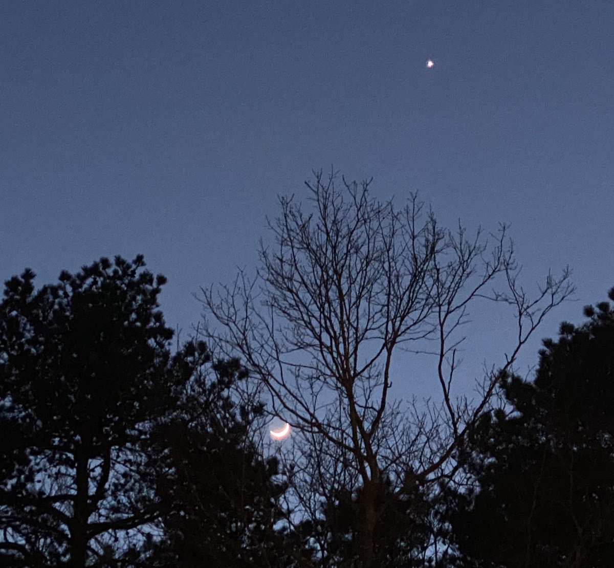 neiltyson's tweet photo. A stunning thin crescent Moon this eve, low in the twilight western sky. Planet Venus? There too, to see. Above the Moon, and high. https://t.co/dItW72l5TI
