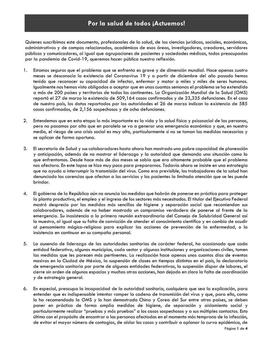 UnidosXSaludMx's tweet photo. Por la salud de todos ¡Actuemos! Quienes firmamos este pronunciamiento, hacemos un llamado a las autoridades para atender, debidamente y de forma integral, la emergencia por la que atravesamos. Solo juntos y unidos podremos salir adelante. 

#COVID2019mx 
#PorLaSaludDeTodos https://t.co/NQmXGg74zT