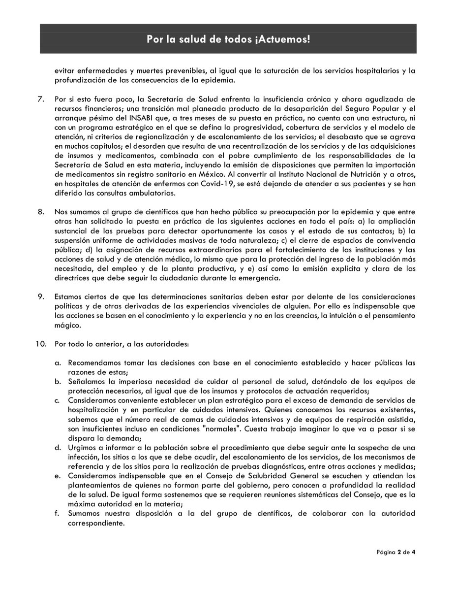 UnidosXSaludMx's tweet photo. Por la salud de todos ¡Actuemos! Quienes firmamos este pronunciamiento, hacemos un llamado a las autoridades para atender, debidamente y de forma integral, la emergencia por la que atravesamos. Solo juntos y unidos podremos salir adelante. 

#COVID2019mx 
#PorLaSaludDeTodos https://t.co/NQmXGg74zT