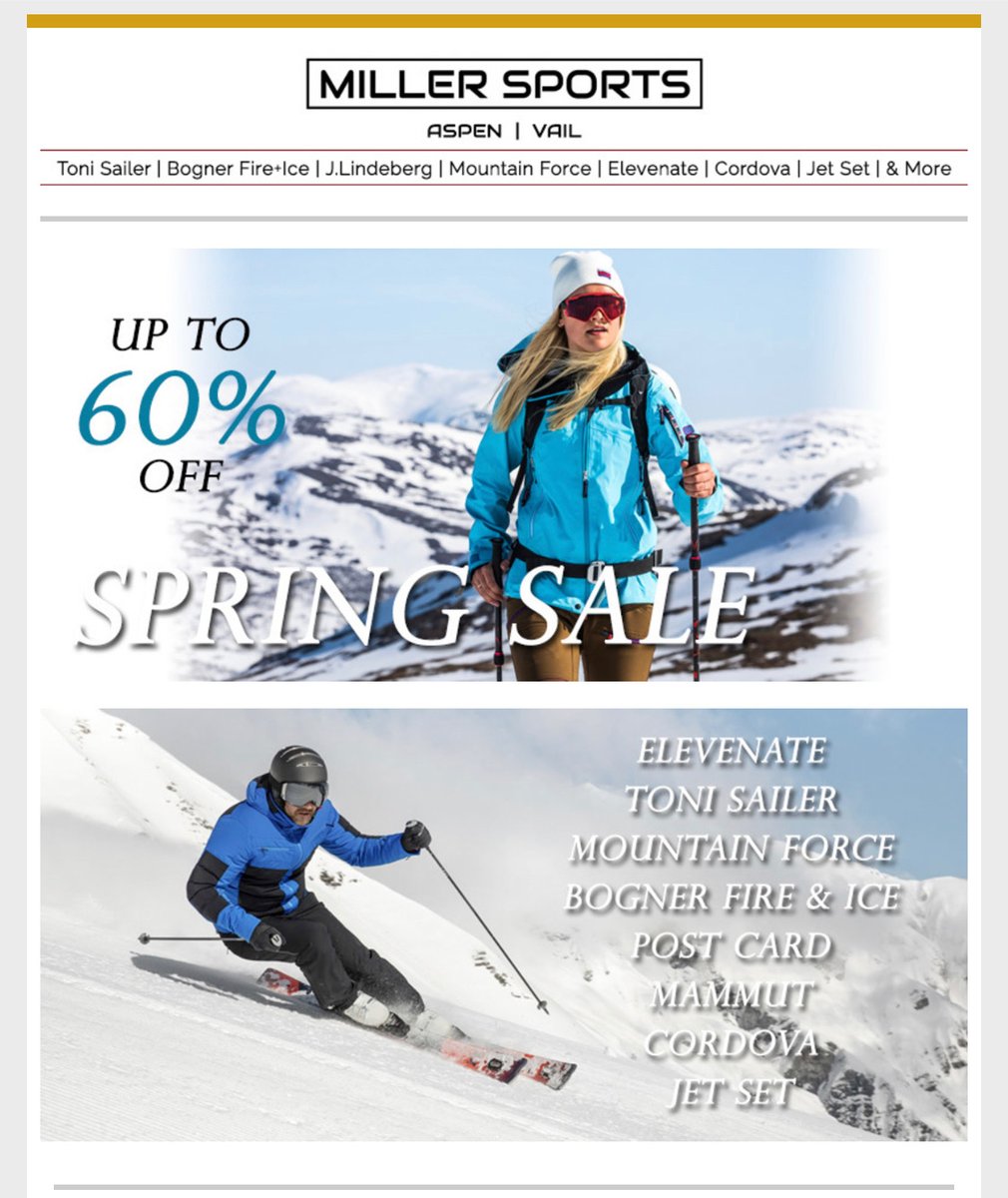 Up to 60% Off Sale is happening. Go to millersportsaspen.com Pass the word.