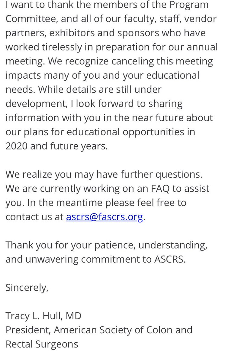 👇🏻 With the devestation from #COVID19 we regret that we must cancel @ASCRS_1 #ASCRS20 fascrs.org/my-ascrs/meeti…