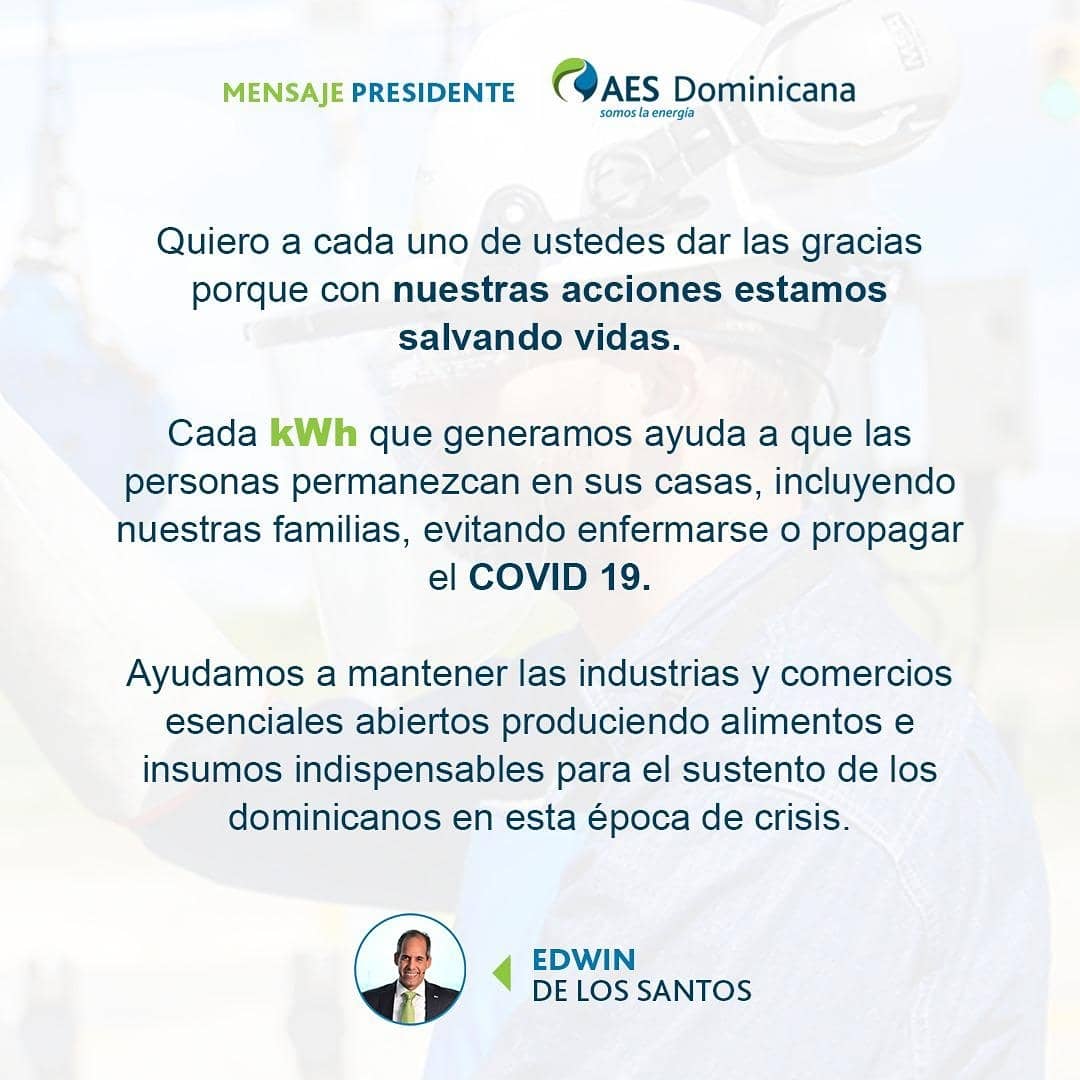 AESDominicana's tweet photo. Mensaje de nuestro presidente Edwin De Los Santos a todo nuestro equipo humano trabajando presencialmente en nuestras plantas generadoras para poder brindarle al país energía todo el día. #GenteAES #AESDominicana #SomosLaEnergía https://t.co/IoPzug6kQs