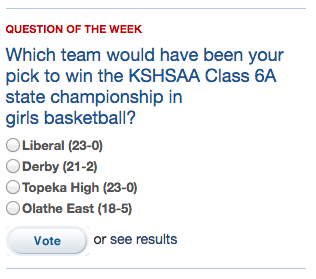 Tonganoxie Mirror (@tonganoxie) on Twitter photo #MirrorSports reminder: We're at <a href="/KSHSAA/">KSHSAA</a> state tourney poll No. 2 w/ 6A girls. Who woulda been your pick to win it all? <a href="/LHS_Redskins/">Liberal Redskins</a> <a href="/USD480/">USD480</a> | <a href="/DerbySchoolsKS/">Derby Public Schools</a> | <a href="/THS_Trojans/">Topeka High School</a> @athletics_THigh <a href="/TPS_501/">TopekaPublicSchools</a> | <a href="/OlatheEastHawks/">Olathe East High School</a> <a href="/ladyhawksball/">OE Lady Hawks</a> <a href="/olatheschools/">Olathe Public Schools</a> tonganoxiemirror.com/polls/2020/mar… #MirrorSports reminder: We're at <a href="/KSHSAA/">KSHSAA</a> state tourney poll No. 2 w/ 6A girls. Who woulda been your pick to win it all? <a href="/LHS_Redskins/">Liberal Redskins</a> <a href="/USD480/">USD480</a> | <a href="/DerbySchoolsKS/">Derby Public Schools</a> | <a href="/THS_Trojans/">Topeka High School</a> @athletics_THigh <a href="/TPS_501/">TopekaPublicSchools</a> | <a href="/OlatheEastHawks/">Olathe East High School</a> <a href="/ladyhawksball/">OE Lady Hawks</a> <a href="/olatheschools/">Olathe Public Schools</a> tonganoxiemirror.com/polls/2020/mar…