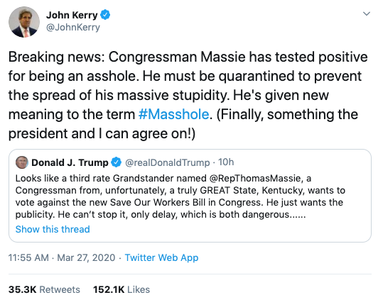 The way Trump and John Kerry united to viciously try to stigmatize, demonize and vilify <a href="/RepThomasMassie/">Thomas Massie</a> for the slightest dissent, the slightest pushback against bipartisan unanimity, is redolent of the immediately post-9/11 intolerance of questioning &amp; is creepy and dangerous.