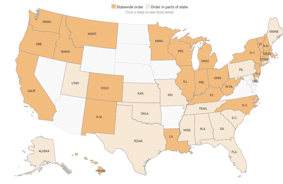 calculatedrisk's tweet image. I wonder which state (most incompetent governor award) will be the last to order shelter-in-place?   Sarah Mervosh, Denise Lu and Vanessa Swales at the NY Times are tracking the orders.  The graph below is March 27th
nytimes.com/interactive/20…