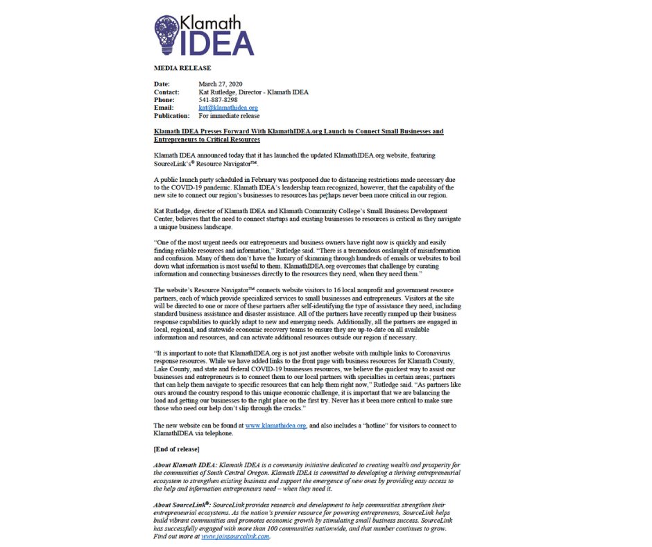 Remember last month when we postponed the KlamathIDEA.org launch party because COVID19 made it so we couldn't be close together? Well, that was last month. <a href="/JoinSourceLink/">SourceLink</a>'s Resource Navigator™ is just what our small businesses and entrepreneurs need right now.