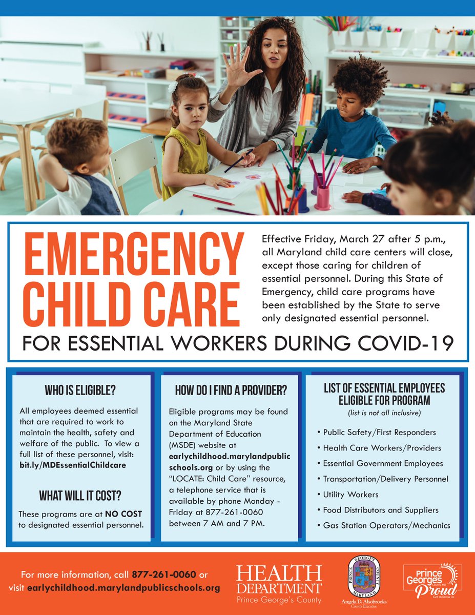 CEXAlsobrooks's tweet photo. All child care centers are being closed in the State, except for those providing child care for essential workers such as doctors, nurses, police officers, and others. If you are an essential worker that needs child care, visit: https://t.co/kiU8e8Zvwh
#PGCCOVID19 https://t.co/Kj6ltIPSob