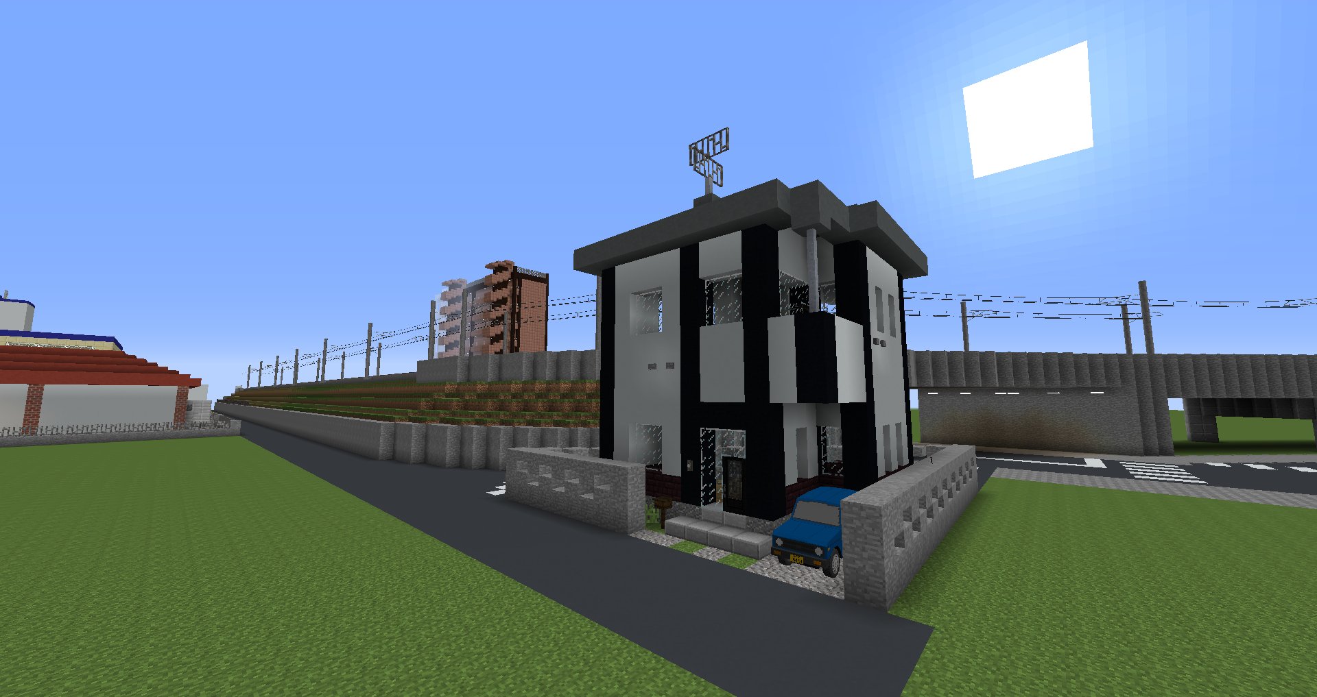 しゃけの実況部屋 日刊 マインクラフト建築日記 今日の建築は 斜め住宅 今日は線路わきに斜め建築をしました 黒の縦線入れたら割ときれいにまとまった もうちょっとごちゃごちゃさせてもいいのかなぁ マイクラ マインクラフト