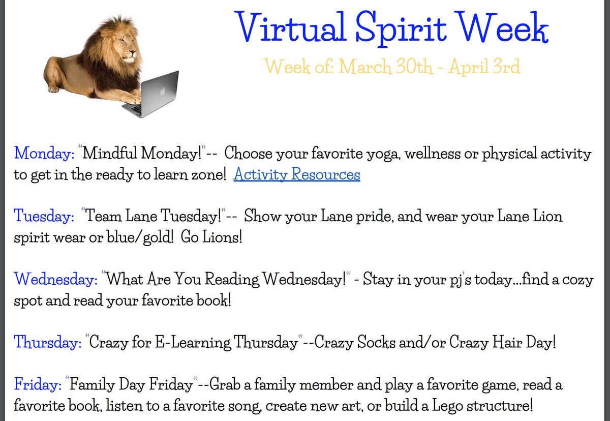 dist126_lane's tweet photo. Lane Lions, we sure do miss your smiling faces!  We hope you will all join us in participating in our virtual spirit week beginning on Monday!  #weare126 #lane126 https://t.co/ztvfhCj2Wr
