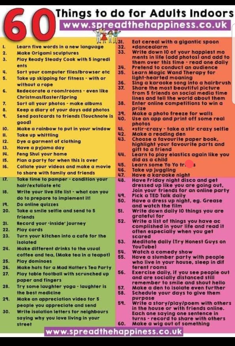 FORUMPTA's tweet photo. A list of things to keep us adults busy from Shonette Bason. I'm sure there's lots the children can join in with. With Shonette's  #spreadthehappiness motto. 
@RedscopeSchool @RedscopeEY https://t.co/IZz0l3YAG5