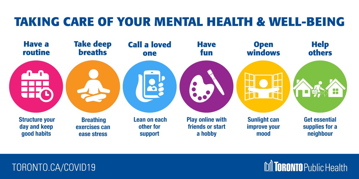 Staying home will reduce the spread of #COVID19 but these times can understandably contribute to feelings of anxiety &amp; stress. Focus on what you can control &amp; take care of your #mentalhealth &amp; well-being. More resources: toronto.ca/wp-content/upl… #StayHomeTO