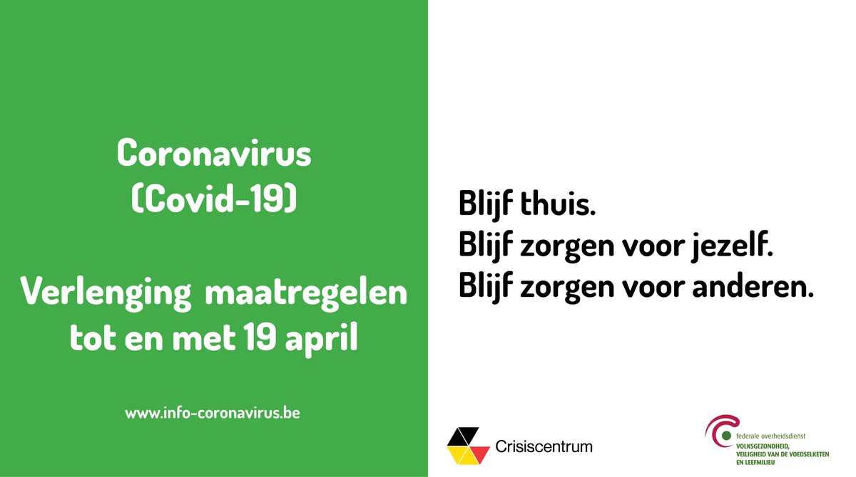 #COVID19 De Nationale Veiligheidsraad besliste om de maatregelen tegen de verspreiding van het coronavirus te verlengen tot en met 19 april. Vind hier de maatregelen terug 👉 crisiscentrum.be/nl/news/crisis…