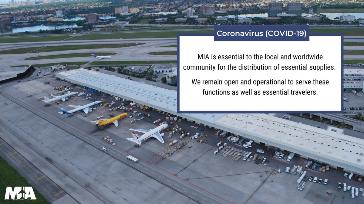 MIA is crucial to our local & worldwide community with the distribution of:  Medicine  Food  Essential supplies  Our airport remains open and operational to serve these functions and receive essential travelers. To learn more:  http://bit.ly/3cUwlTG .