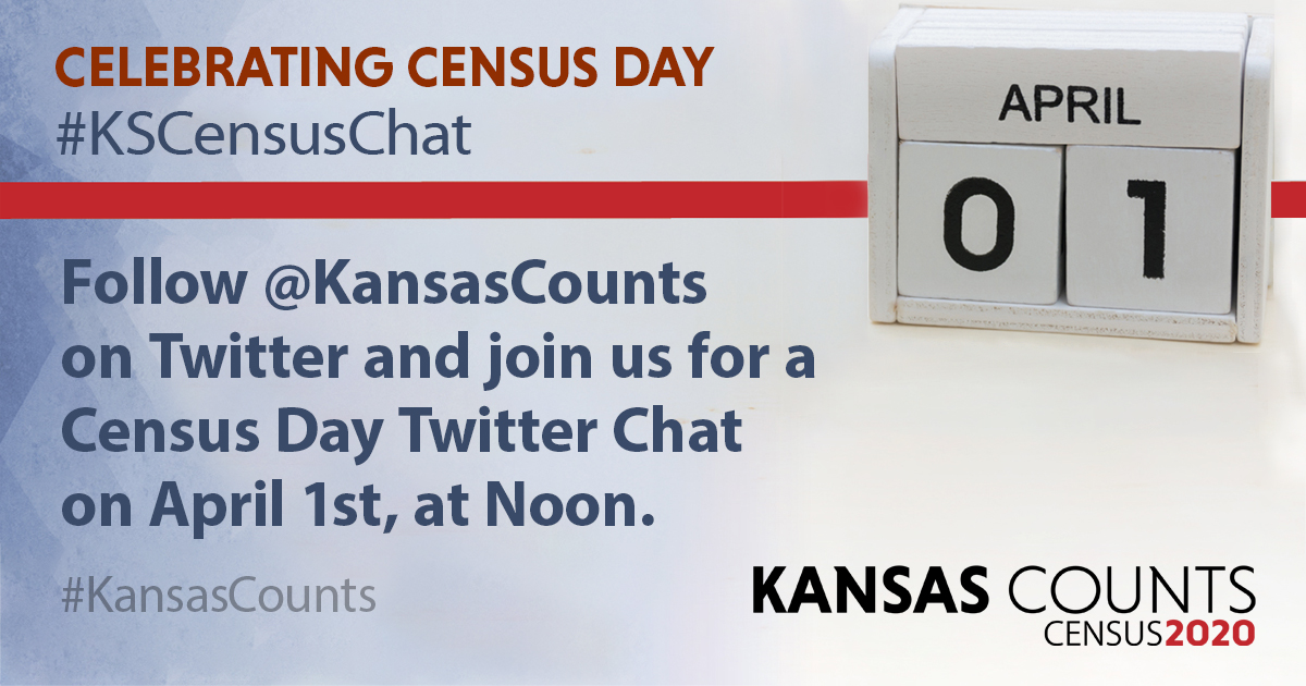 KansasCounts's tweet photo. #Reminder Join us Wednesday, April 1st (Census Day) for a #KSCensusChat on Twitter, from Noon to 1pm. @KansasCounts will host a Q&amp;A discussion with partner CCC’s in Kansas to promote and educate people on the importance of the #2020Census to all of our communities. #KansasCounts https://t.co/0aTmI7mgkw