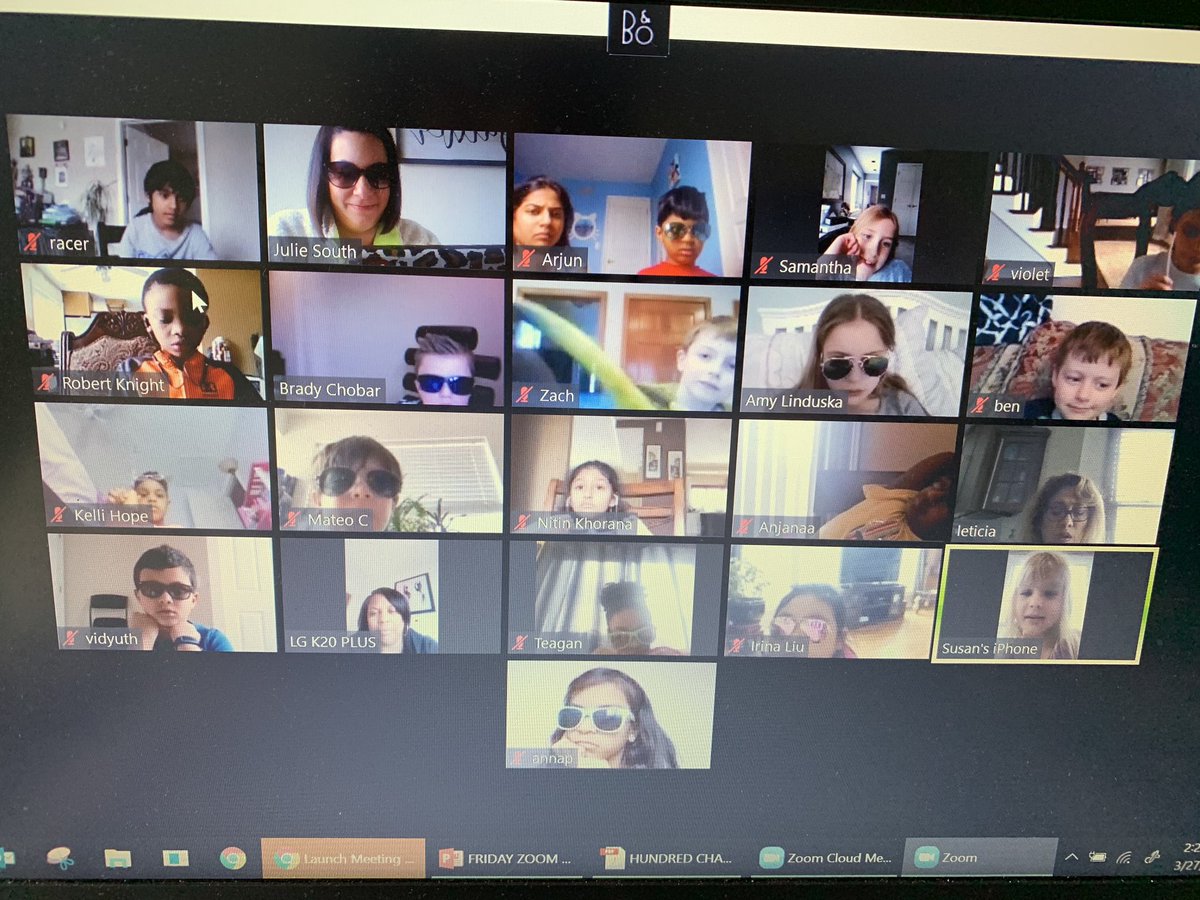 MrsSouth5's tweet photo. Last ZOOM meeting with my Firsties for the week! We all wore shades 😎 to show how bright we are learning from home! We fit in feelings and best part of the week, a measurement picture book and @SteveWyborney Estimtion Clipboard! #SpringBreakIsHere https://t.co/tldpdcLony