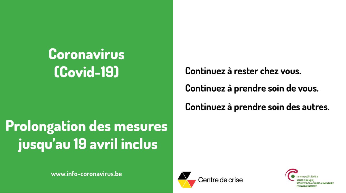 CrisiscenterBE's tweet photo. #COVID19 Le Conseil National de Sécurité a décidé de prolonger les mesures contre la propagation du Covid-19 jusqu’au 19 avril inclus. Vous pouvez consulter ces mesures ici 👉 https://t.co/OZwJm2qOxY https://t.co/O8i6Y9av6U