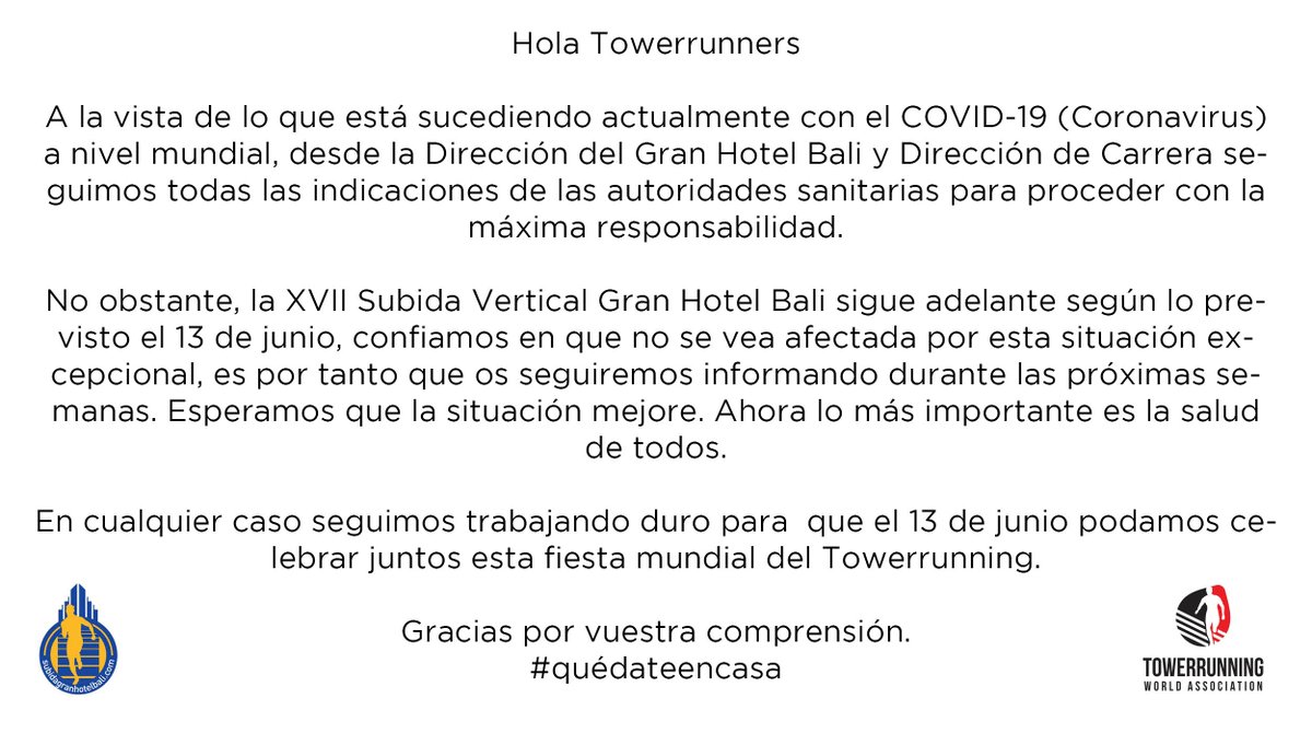 SubidaHotelBali's tweet photo. ❗Comunicado oficial❗
Hola #towerrunners, ante la situación que estamos viviendo todos, queremos compartir con vosotros este comunicado oficial.
¡Mucho ánimo a todos!
#QuedateEnCasa https://t.co/Nl3wXIYCjG