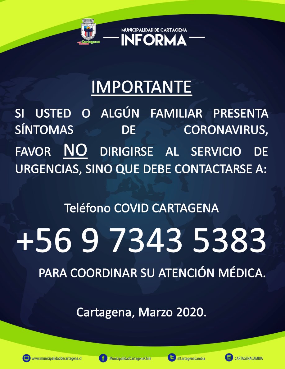 Muni_Cartagena's tweet photo. Compartimos números telefónicos para consultas, información y atención de urgencia vital en #Cartagena #Chile Favor compartir @CartagenaCivil @rgarcia_alcalde https://t.co/H2zLdTy9lr