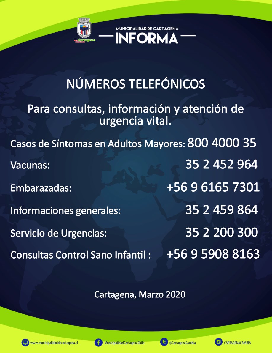 Muni_Cartagena's tweet photo. Compartimos números telefónicos para consultas, información y atención de urgencia vital en #Cartagena #Chile Favor compartir @CartagenaCivil @rgarcia_alcalde https://t.co/H2zLdTy9lr