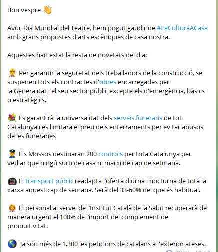 jordigraells's tweet photo. Si et vols informar sintèticament sobre les darreres mesures / informacions del #coronavirus, has de ser a Telegram
👉 https://t.co/X5ZVyBmtSN
Mira com acaba el dia avui👇 https://t.co/J5y7NXG1jS