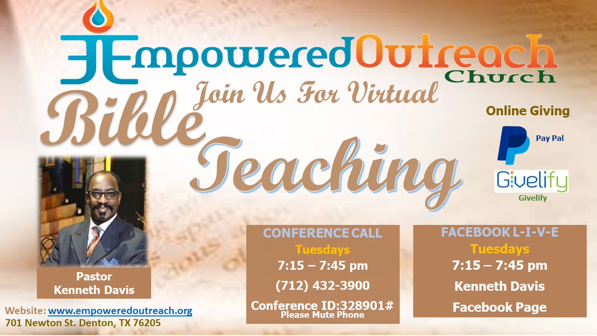 empoweredout's tweet photo. Please Join Us Tuesdays for Virtual Bible Teachings @ 7:15 pm via conference call and Kenneth Davis Facebook L-I-V-E https://t.co/4502KPOgv0