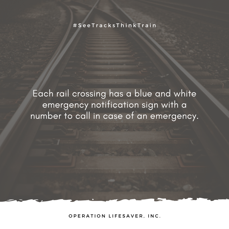 olinational's tweet photo. Each rail crossing has a blue and white emergency notification sign with a number to call in case of an emergency. When should you call?

1️⃣ When a car is stalled on the tracks
2️⃣ When something is blocking the tracks
3️⃣ When you need to alert an engineer to stop https://t.co/R4lxyx2jig