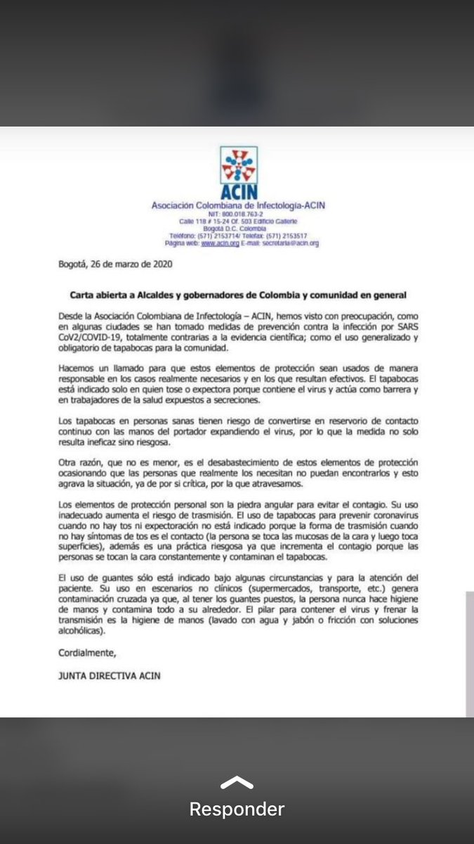 Esta es la opinión de la asociación Colombiana de infectologia sobre el uso de tapabocas. Estos tienen riesgo de convertirse en reservorio del virus por lo que usarlo sin la indicación es una medida ineficaz y riesgosa!