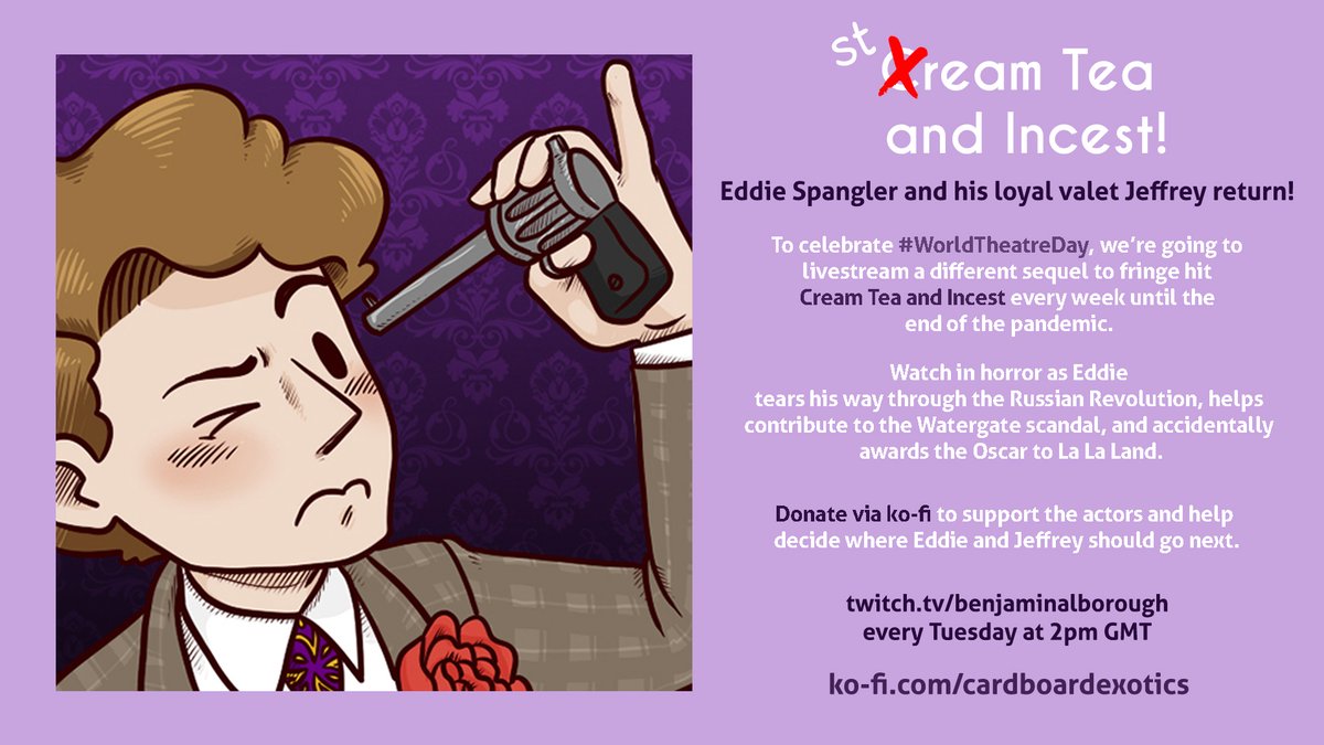cardboardexotic's tweet photo. A #quarantine announcement from the Cardboard Exotics! 👀👀👀
Tell your butlers to tune in to https://t.co/RioLeWOHF1 for a new sequel to Cream Tea and Incest every Tuesday until the end of the pandemic.
That's right, we're back assholes.
#WorldTheatreDay #StreamTea📦👨👩👧👦🧐 https://t.co/p3QtqTVV1H