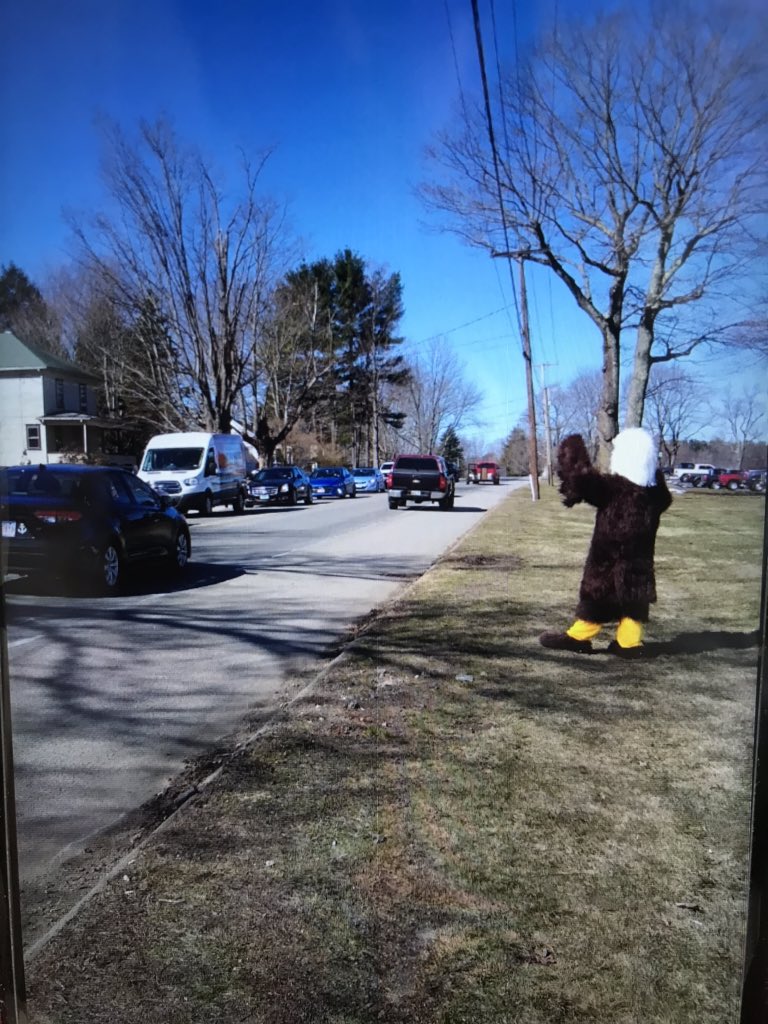 4marcotte's tweet photo. Pratt &amp; Whitney North Berwick  joined the North Berwick community to recognize and thank teachers who are “keeping the classroom open”!   Dee the Dependable eagle was excited to help us say “Thank You” #WeAreAllInThisTogether #WeArePW  #communitymatters https://t.co/KMp6kEo4FF
