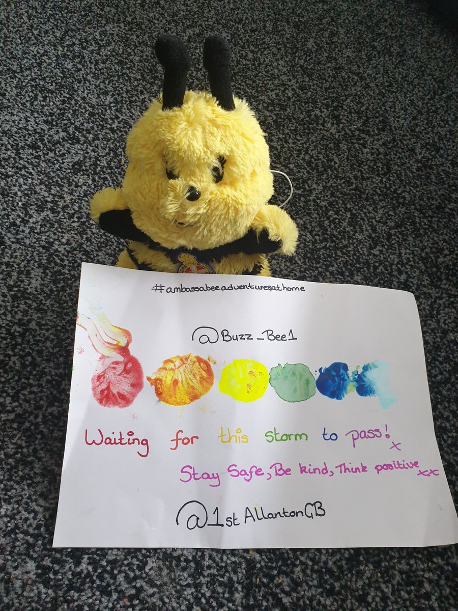 Buzz_Bee1's tweet photo. My rainbow of hope 🌈 I copied baby bee and used my paw to make a keepsake rainbow (don't worry my human kept my fur covered)...wishing I could be out with my bee friends but staying home safe..I have faith our rainbow will come soon  🌈
#ambassabeeadventuresathome https://t.co/kvIlyvuiB7