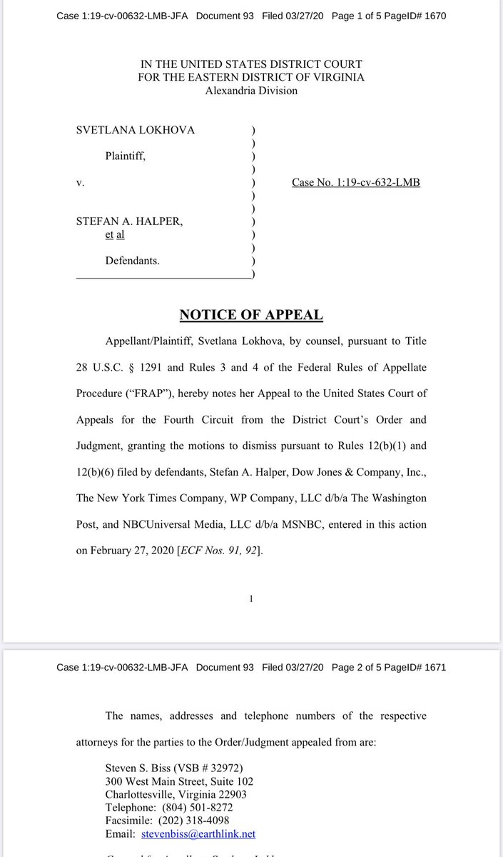 I filed Notice of Appeal in my lawsuit against CIA/FBI operative Stefan Halper, New York Times, Washington Post, NBC.