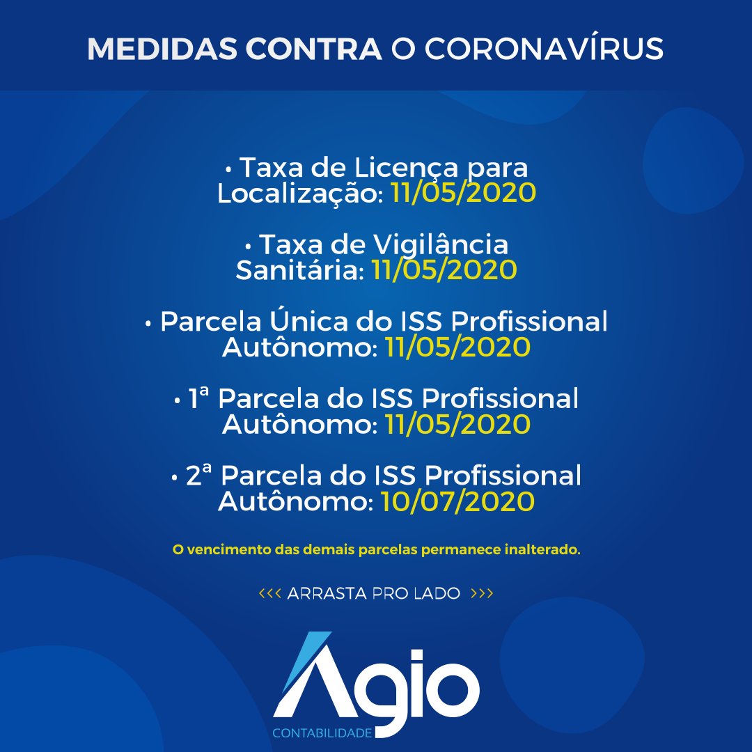 AgioContabil's tweet image. A Semut informa que ficam prorrogados os prazos de vencimentos do ISS Profissional Autônomo (Parcela única e 1º Parcela), Taxa de Licença para Localização (TLL) e Taxa de Vigilância Sanitária para o exercício 2020, confira: bit.ly/39pZuDh