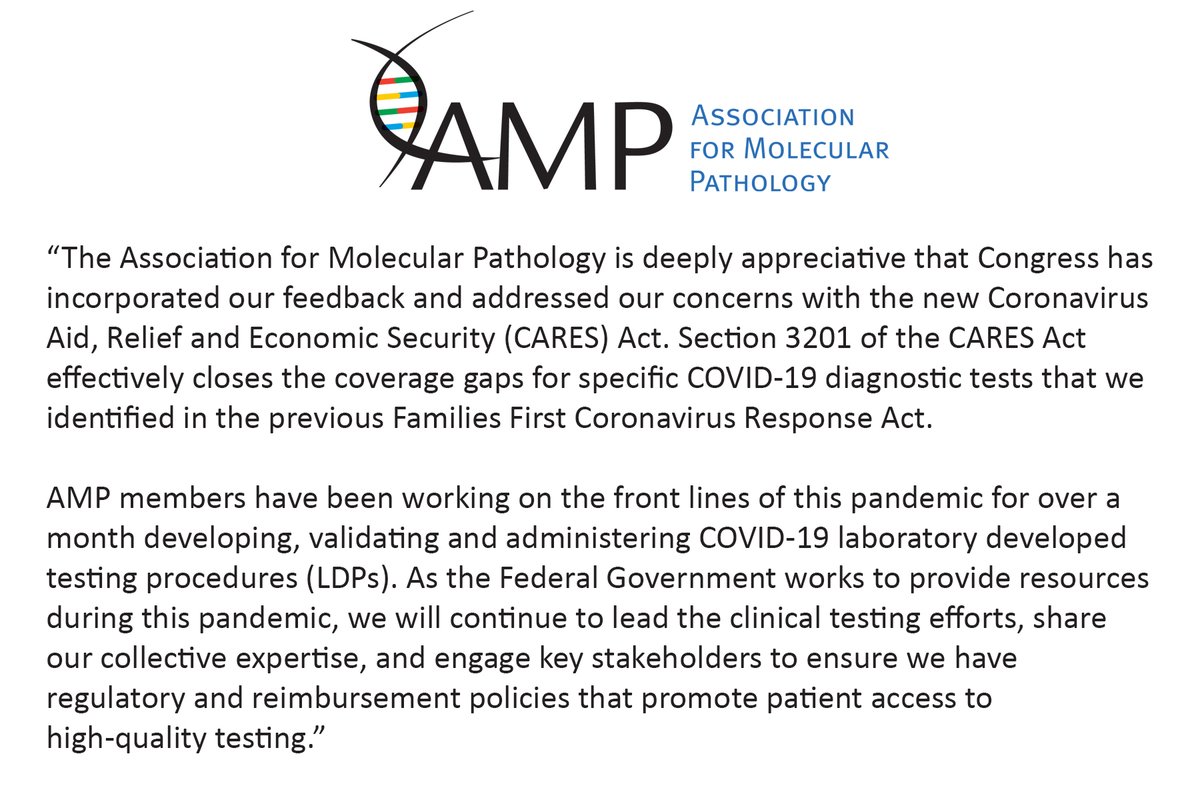 Association for Molecular Pathology (@ampath) on Twitter photo AMP thanks Congress for passing the CARES Act and recognizes <a href="/SpeakerPelosi/">Nancy Pelosi</a>, @GOPLeader, <a href="/repgregwalden/">Archive: Rep. Greg Walden</a>, <a href="/FrankPallone/">Rep. Frank Pallone</a> <a href="/SenAlexander/">Lamar Alexander</a>, <a href="/PattyMurray/">Senator Patty Murray</a> & <a href="/SenSchumer/">Chuck Schumer</a> for working to close #COVID19 testing coverage gaps. #AMPAdvocates #molpath AMP thanks Congress for passing the CARES Act and recognizes <a href="/SpeakerPelosi/">Nancy Pelosi</a>, @GOPLeader, <a href="/repgregwalden/">Archive: Rep. Greg Walden</a>, <a href="/FrankPallone/">Rep. Frank Pallone</a> <a href="/SenAlexander/">Lamar Alexander</a>, <a href="/PattyMurray/">Senator Patty Murray</a> & <a href="/SenSchumer/">Chuck Schumer</a> for working to close #COVID19 testing coverage gaps. #AMPAdvocates #molpath