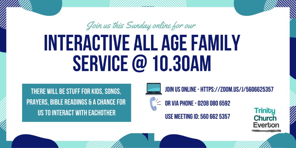 Join us this Sunday at 10.30am for an interactive all age family service. We are meeting on Zoom so visit zoom.us/j/5606625357 or phone 02080806592 and use the meeting ID 5606625357