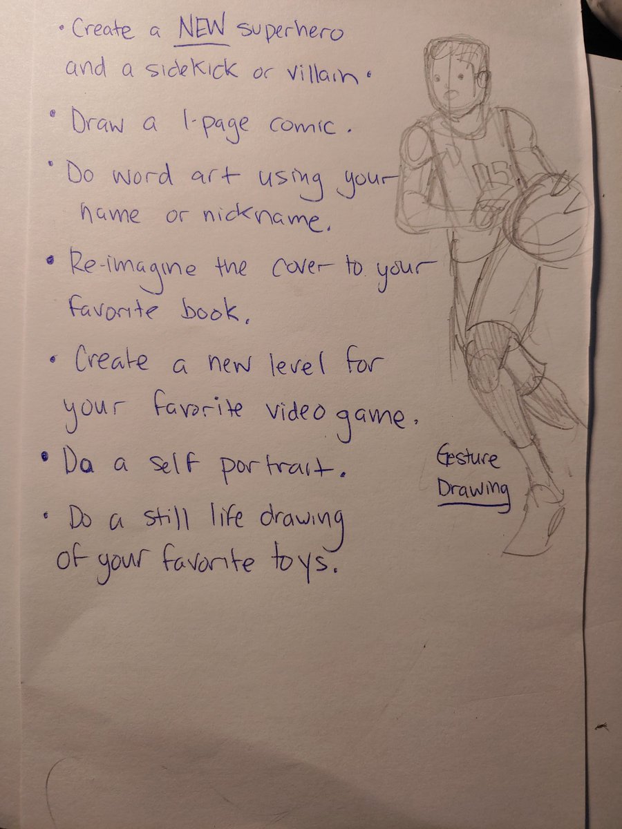 Stuck and dont know what to draw? Try one of these #doodleideas and see what you can come up with! Parents, please feel free to try them as well and send me pics of your family's artwork! @CarrollColts #artteacher #sketching