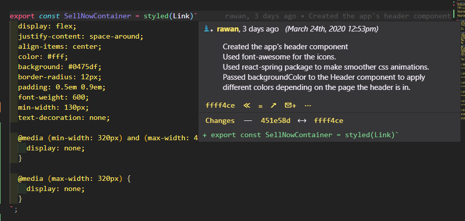 RawanAlrajabi's tweet photo. #ifyoudidnotknow there's a cool @code extension called GitLens
When you use it and click on any line of code it will show you who edited it and when
If you hover over it you'll get even more information like the exact time, and if the changes were committed or not and more 😍
#js https://t.co/Yj9YJNVecx