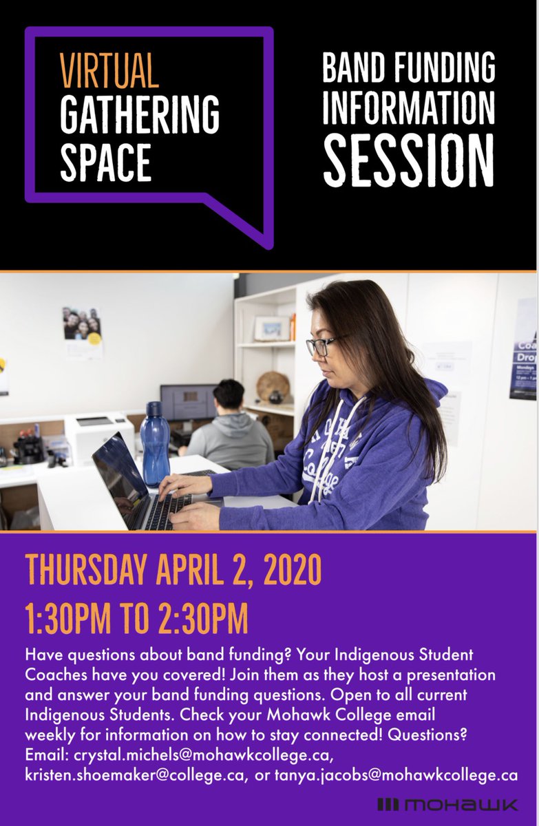 mohawk_iess's tweet photo. We will be hosting a series of Virtual Gathering Space events for Indigenous Students next week - March 30 – April 3. Check your Mohawk College email for details on how to get connected! Questions can be sent to amanda.aitchison2@mohawkcollege.ca #mohawkcollege #indigenous https://t.co/OYmaYN2JK5