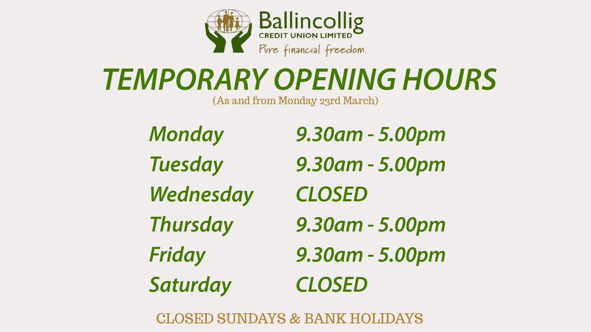 Ballincollig_CU's tweet photo. REMINDER 
- TEMPORARY OPENING HOURS

We are CLOSED tomorrow Saturday &amp; are open again on Monday next.

#staysafe
#socialdistancing https://t.co/hDKuUelWJ5