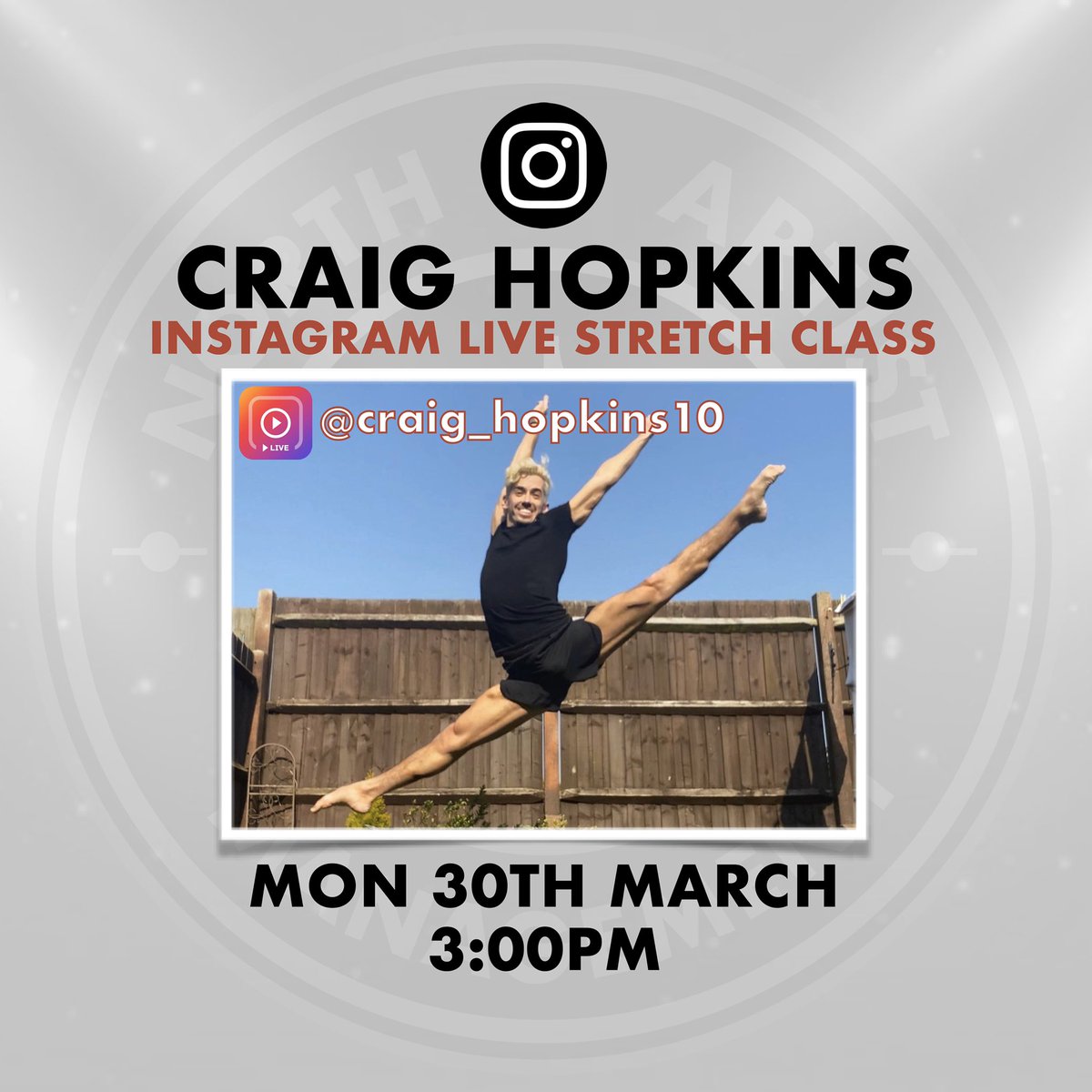 NorthArtistMgmt's tweet photo. Get ready to touch those tootsies with our Dance Agent Craig (@Hopkins_Craig)🕺🏼⚡️ #dance #dancer #stretchclass #instagramlive https://t.co/kFsAlpjcJ8