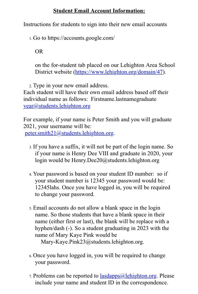 LehightonHighSc's tweet photo. Student Email Instructions, please sign into your new email accounts.  Access on the Lehighton Area School District website under the student tab or https://t.co/oEvTxcliLH https://t.co/SJiGCNJlj0