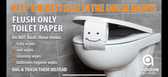 ChinoAZManager's tweet photo. Your wastewater treatment plant operators are hard at work. Please help them out and flush only toilet paper. #TrashThoseWipes @AZAvondaleNews https://t.co/rr4Ak2A0lq