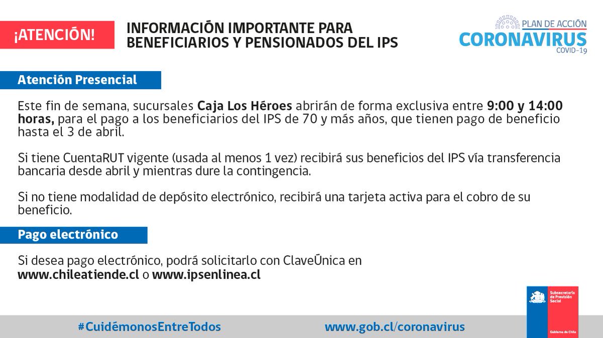 IPSLosRios's tweet photo. 🔈ATENCIÓN‼️ En #LosRíos 5 sucursales de pago de Caja Los Héroes en #LosRíos abrirán sus puertas este fin de semana para que pensionados de 70 o más años puedan cobrar su pensión 👨‍🦳🧑‍🦳 #Valdivia #Panguipulli #LaUnión #RíoBueno #Paillaco #CuidémosnosEntreTodos https://t.co/FI0fzqsEHw