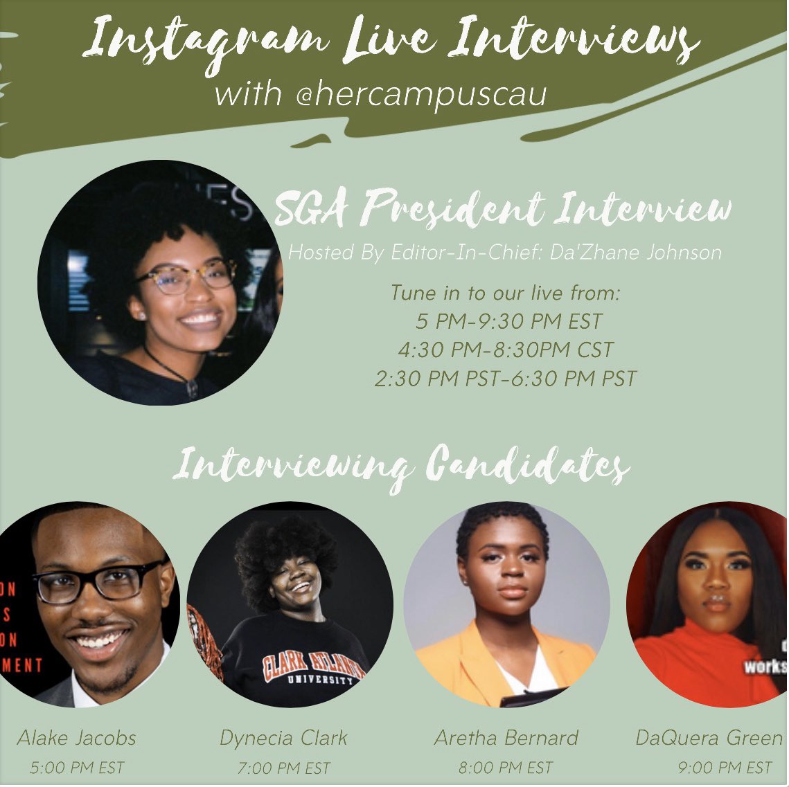 HerCampusCAU's tweet photo. We’re keeping up today’s #InstagramLive Interviews with the Student Government Association President candidates! 💚 Tune at the following times to hear from them. ⤵️ #VirtualElection #CAUStudentElections #Cau_RYS20 https://t.co/hKz1Dobgy3