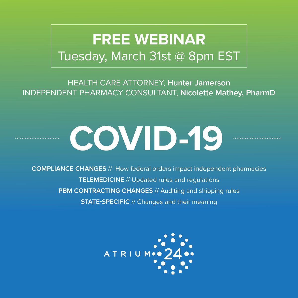 MbirdPharma's tweet photo. FREE #COVID19 WEBINAR for independent pharmacies on Tuesday, March 31st at 8pm EST. Join Atrium24 pharmacy consultant Nicolette Mathey and Healthcare Attorney Hunter Jamerson as they cover COMPLIANCE CHANGES, TELEMEDICINE, and PBMs since COVID-19. RSVP at https://t.co/Z9adpMJ7PE! https://t.co/a3cP5u2quY