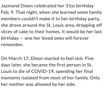 BrianHeff's tweet photo. This story of 31-year-old Jazmond Dixon is still hanging with me, days after she became the first St. Louisan to die of COVID-19. 

Here's @iamcdavis, with more details and insights from her family:
https://t.co/vbjEPKio23 https://t.co/4lc6LkiRRV