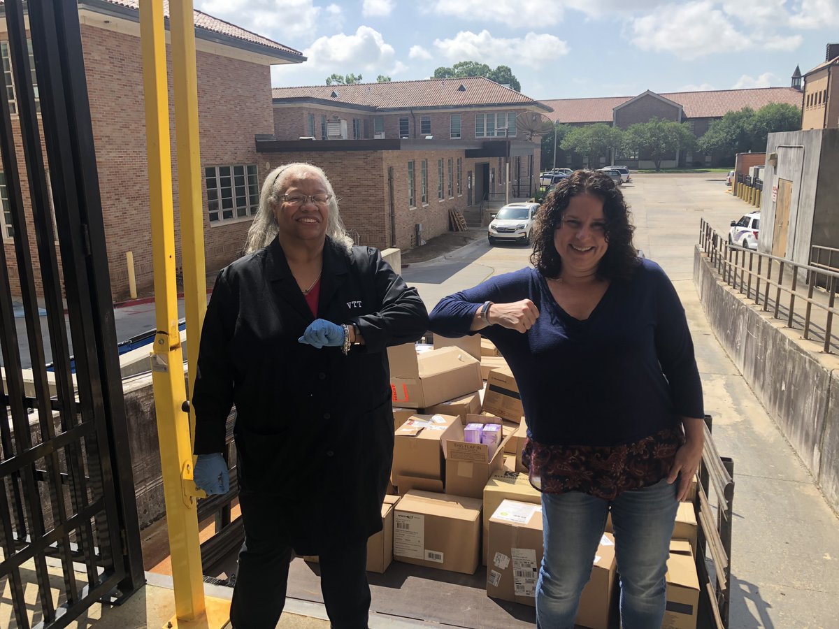LSU's tweet photo. .@LSU_Chemistry's Attres Tagge and Vickie Thornton spearheaded a collection of 30,400 nitrile gloves, 1,200 disposable aprons, 600 disposable shoe covers, 50 disposable lab coats, 100 disposable lab pants and other PPE to donate to local hospitals. https://t.co/QkoJTsekhw