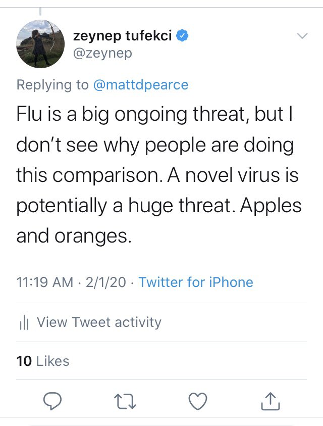 From February 1st, me trying to ask people to stop flu comparisons.  (Screenshot, I’m not encouraging pileups here). I’m not blaming individuals, this was a widespread sentiment.